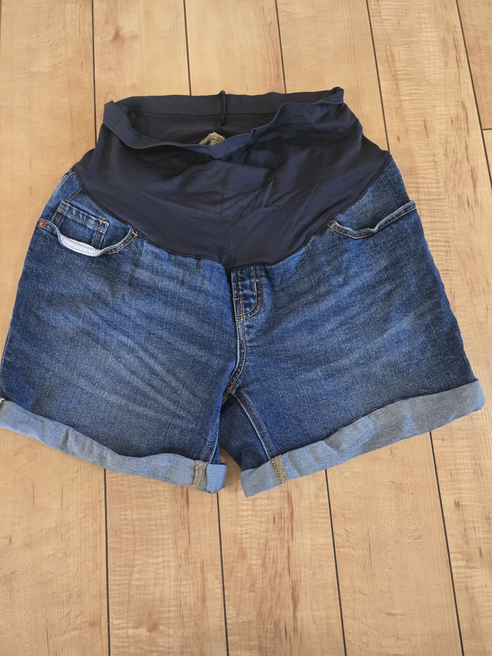 Old Navy Blue Denim Maternity Shorts with Navy Knit Waistband